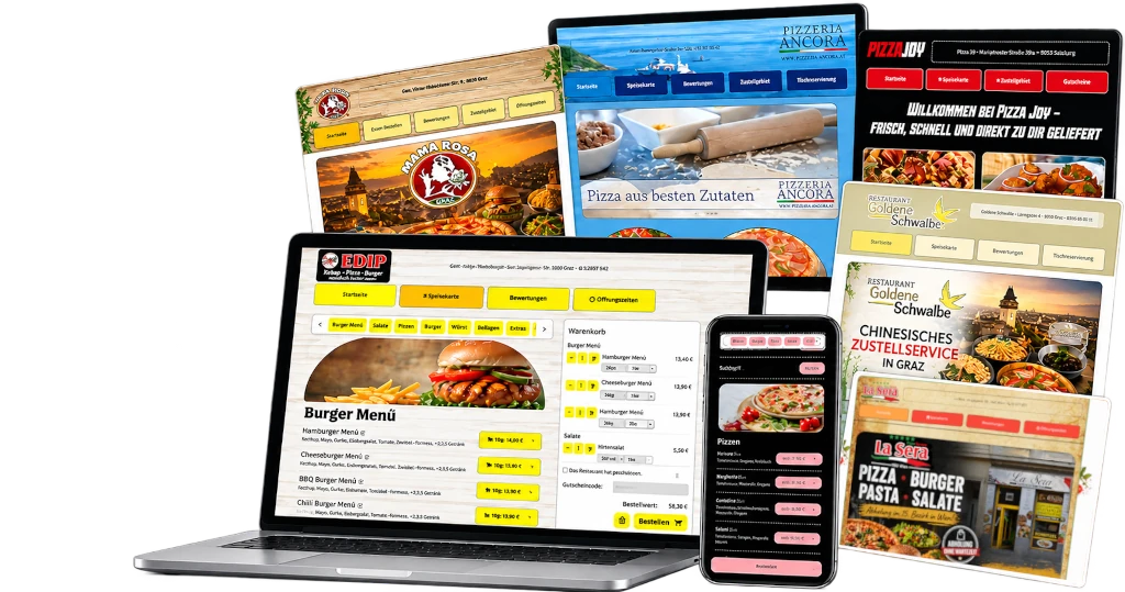 Individuelle Restaurant-Bestellwebseiten mit verschiedenen Designs für Pizza-, Burger- und Lieferrestaurants
