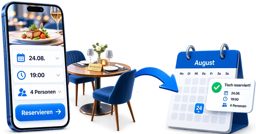 Online-Tischreservierung auf der Restaurant-Webseite mit einfacher Terminwahl und übersichtlichem Reservierungskalender.