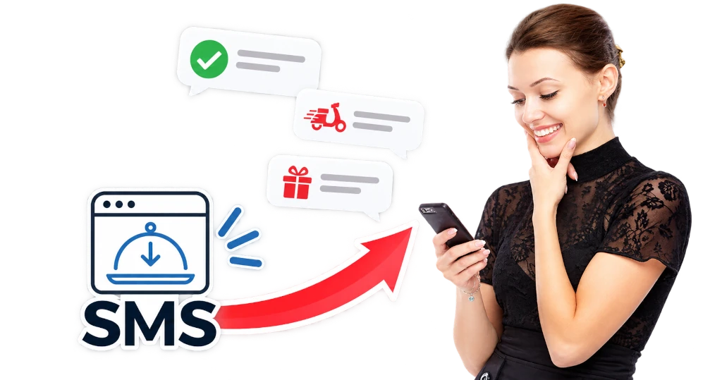 Automatische Bestell-SMS für Restaurants mit Bestellstatus, Lieferinformationen und Gutschein für die nächste Bestellung.