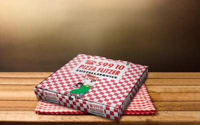Von uns gestalteter und produzierter Pizzakarton für Pizza Flitzer mit individuellem Markenaufdruck