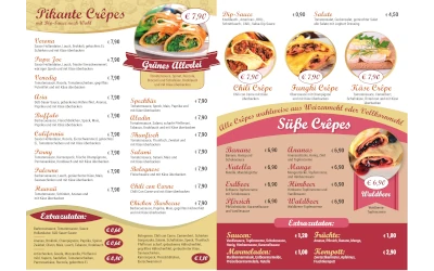 Innenseite einer professionell gestalteten Speisekarte für die Gastronomie – Grafikdesign und Druck für ein Crêpes-Restaurant