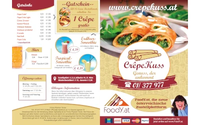 Gestaltete Speisekarte für ein Crêpes-Restaurant – Grafikdesign und Druck für Gastronomie