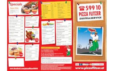 Von uns gestaltete Speisekarte für Pizza Flitzer Zustellservice mit Pizza, Burgern, Chicken Wings, Desserts und Getränken