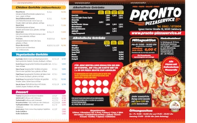 Von uns gestaltete Speisekarte für Pronto Pizzaservice in Salzburg mit Pizza, orientalischen Spezialitäten und Lieferservice