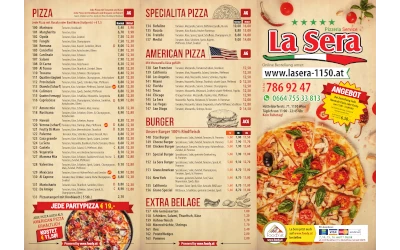 Speisekarte der Pizzeria La Sera in Wien mit Pizza, Pasta, Fleischgerichten, Salaten und Getränken