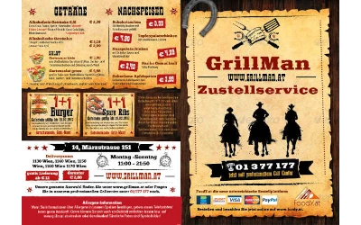 Von uns gestaltete Speisekarte für Grillman Zustellservice mit rustikalem Western-Design