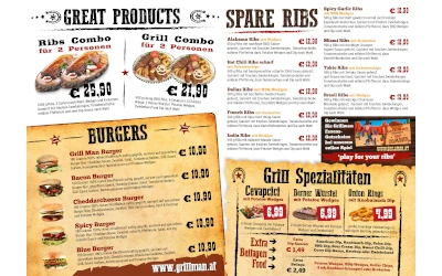 Innenseite der Grillman-Speisekarte mit Burgern, Spare Ribs, Grillgerichten und Angeboten