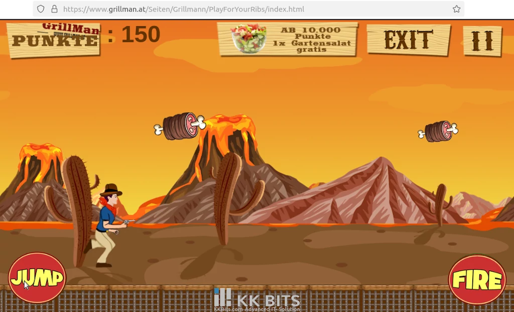 Gameplay aus dem Restaurant-Browserspiel Grillmann kills the Zombies mit Punktesystem und Gratisprodukt als Belohnung.