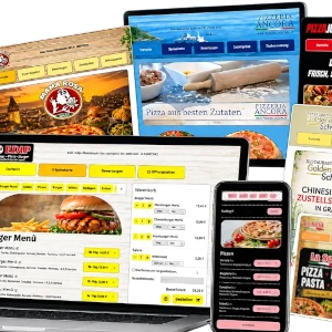 Individuell gestaltete Restaurant-Webseiten mit einzigartigen Layouts und responsiver Darstellung auf Desktop, Tablet und Smartphone.