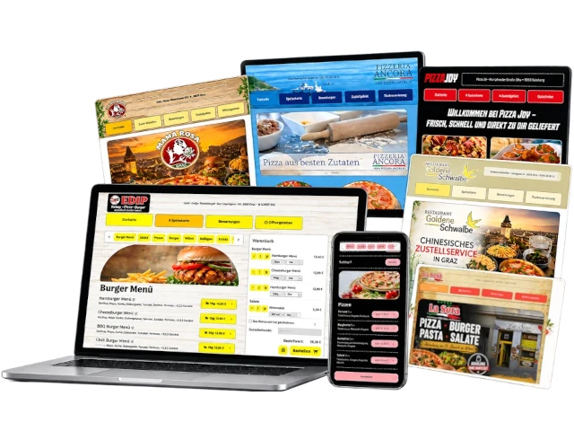 Individuell gestaltete Restaurant-Webseiten mit einzigartigen Layouts und responsiver Darstellung auf Desktop, Tablet und Smartphone.