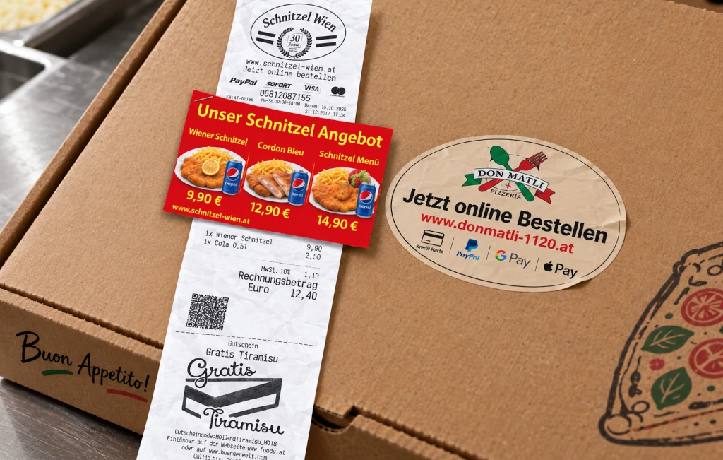 Pizzakarton von Don Matli mit Bestellsticker sowie angehefteter Rechnung und rotem Gutscheinangebot.