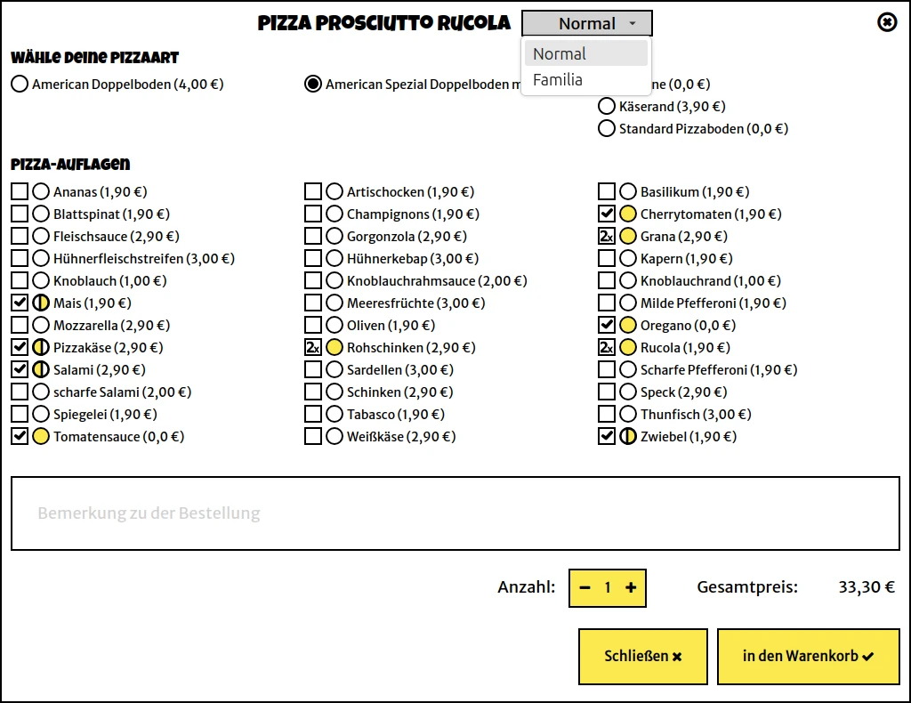 Restaurant-Bestellsystem mit flexiblen Pizza-Optionen für Größen, Varianten sowie einfache, doppelte und links oder rechts belegte Pizza-Auflagen.