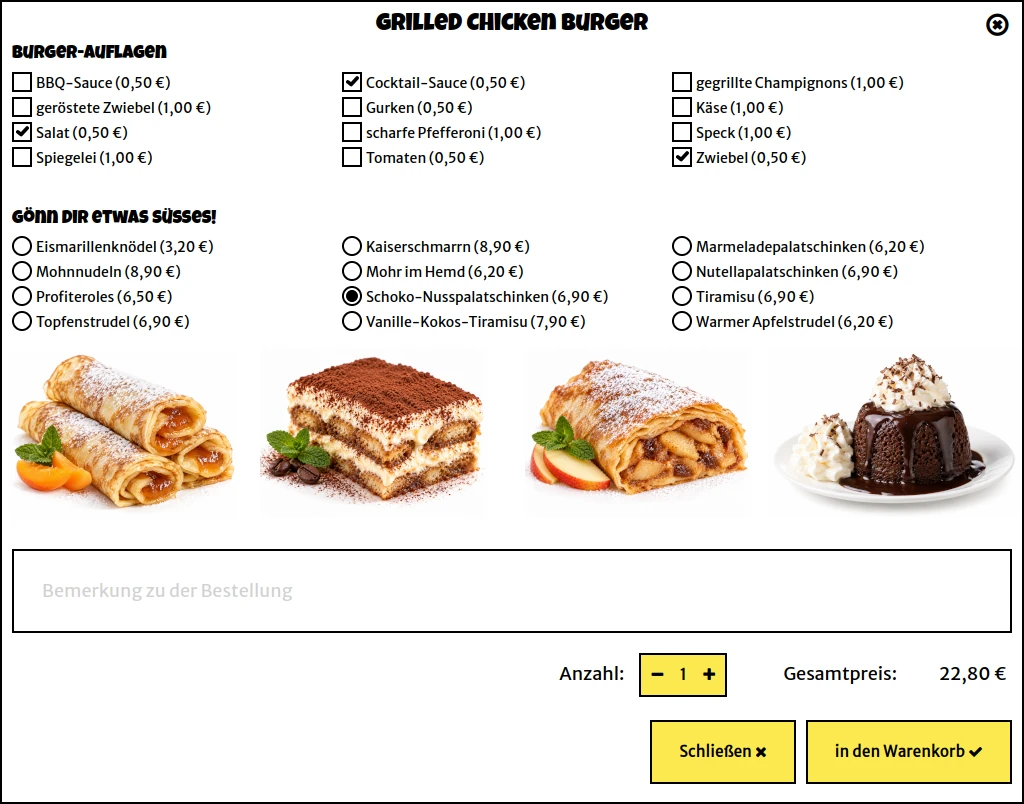 Restaurant-Bestellsystem mit Zusatzverkauf: Passende Desserts und Extras werden dem Kunden direkt bei der Bestellung eines Burgers angeboten.