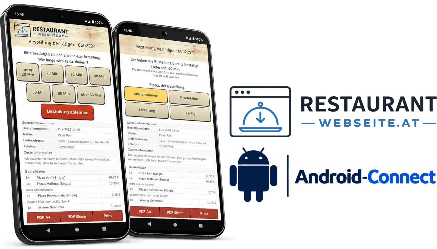 Bestellannahme für die Restaurant-Webseite über Android mit Bestellbestätigung, Lieferzeit und aktuellem Bestellstatus.