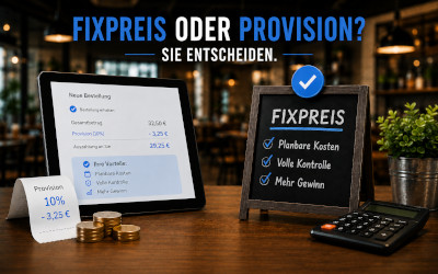 Vergleich zwischen Fixpreis und Provision für eine Restaurant-Webseite mit Tablet, Kostenübersicht und transparentem Preismodell für Restaurants und Lieferservices.