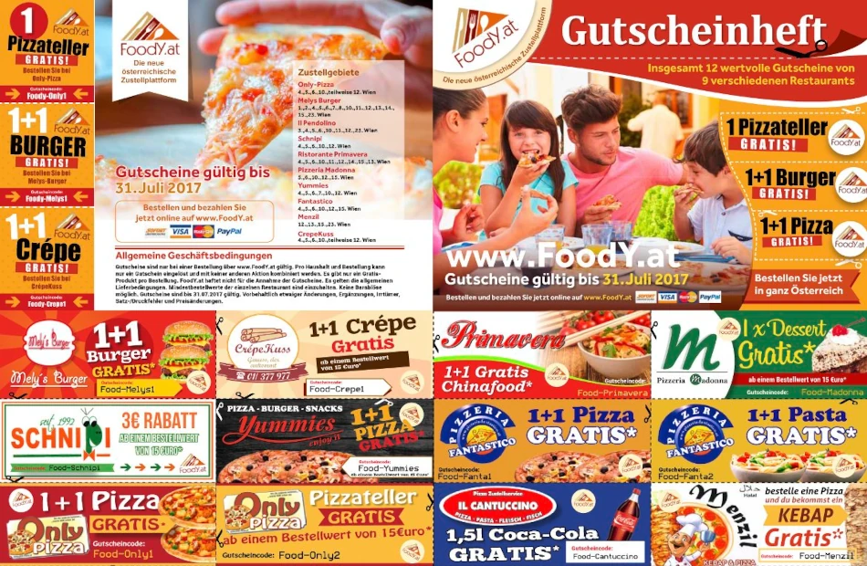 Gutscheinheft mit gemeinsamen Werbeaktionen mehrerer Restaurants als Beispiel für individuelle Kampagnen mit dem Restaurant-Gutscheinsystem.