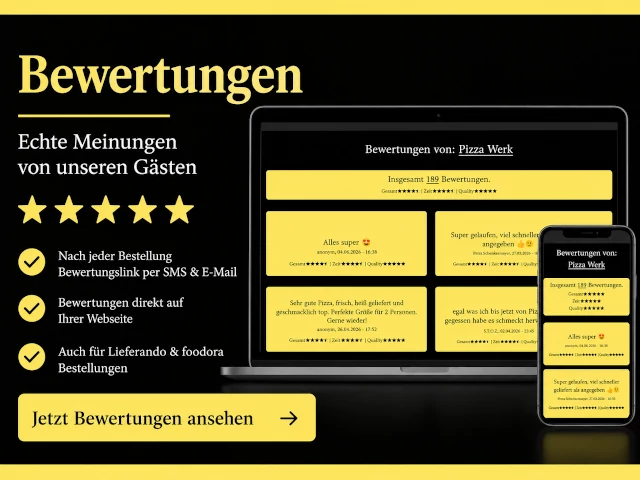 Kundenbewertungen auf der Restaurant-Webseite für mehr Vertrauen und Direktbestellungen.