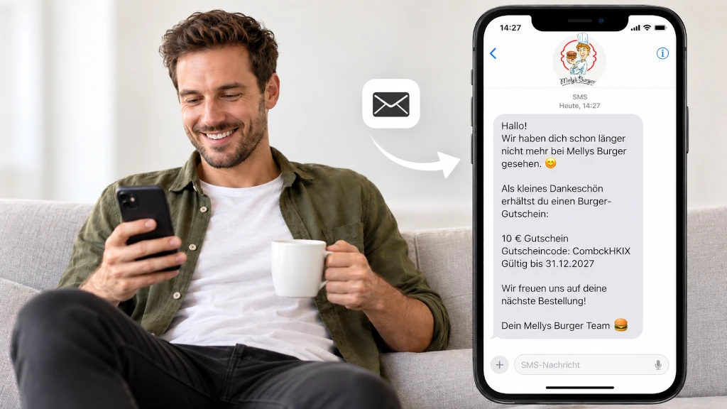 Restaurant-Marketing per SMS mit persönlichem Gutschein zur Kundenbindung und Förderung weiterer Direktbestellungen.