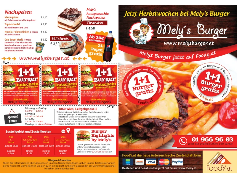 Individuell gestaltete Restaurant-Speisekarte mit Aktionen und Werbeflächen als Beispiel für professionelles Grafikdesign und Druck.