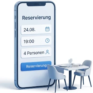 Online-Tischreservierung für Restaurants mit Reservierungsformular, Terminwahl und Standortkarte.