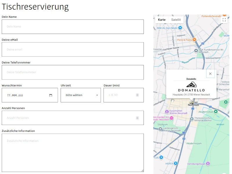 Online-Tischreservierung für Restaurants mit Reservierungsformular, Terminwahl und Standortkarte.