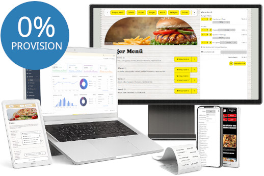 Moderne Restaurant-Webseite mit Online-Bestellsystem, 0 % Provision, Smartphone-, Tablet- und PC-Ansicht sowie direkter Anbindung an die Registrierkasse.