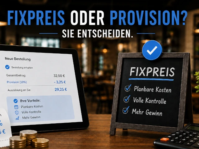 Preismodelle der Restaurant-Webseite – transparenter Fixpreis oder nur 10 % Provision für Restaurants und Lieferservices.