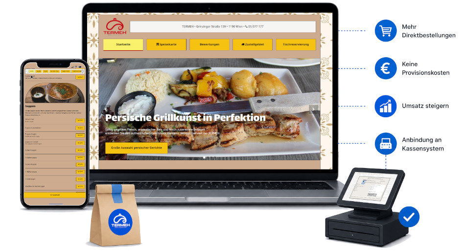 Restaurant-Webseite mit Online-Bestellsystem für Direktbestellungen ohne Provision und Anbindung an das Kassensystem.