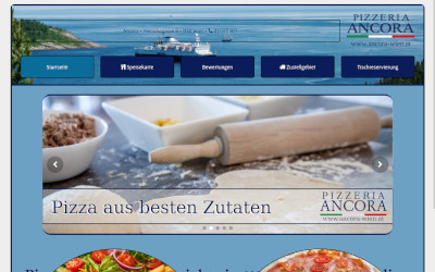 Individuell gestaltete Restaurant-Webseite der Pizzeria Ancora mit blauem Design und Online-Bestellsystem.