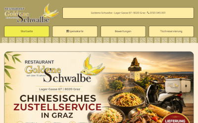 Individuelle Restaurant-Webseite der Goldenen Schwalbe in Graz mit eigenständigem Design und chinesischem Zustellservice.