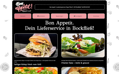 Individuell gestaltete Restaurant-Webseite von Bon Appetit mit modernem dunklem Design, Speisenpräsentation und Online-Bestellung.