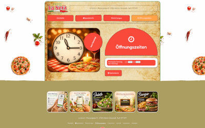 Individuelle Restaurant-Webseite von La Sera mit kreativ gestalteten Öffnungszeiten und moderner Präsentation des Lieferservices.