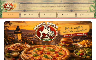 Individuell gestaltete Restaurant-Webseite von Mama Rosa Graz mit modernem Food-Design und Online-Bestellsystem.