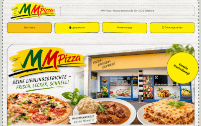 Individuell gestaltete Restaurant-Webseite von MM Pizza Salzburg mit modernem Pizza-Design, Speisekarte und Online-Bestellsystem.