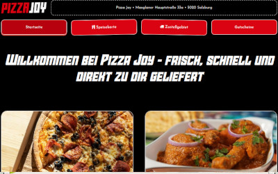 Moderne Restaurant-Webseite von Pizza Joy mit individuellem schwarzem Design, Speisekarte und Online-Bestellung.