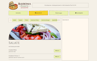 Individuelle Restaurant-Webseite der Pizzeria Bayroma mit übersichtlicher Speisekarte, Produktkategorien und Online-Bestellsystem.