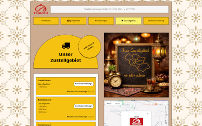 Individuelle Restaurant-Webseite mit übersichtlicher Darstellung von Zustellgebiet, Lieferinformationen und Mindestbestellwert.