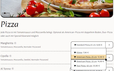 Restaurant-Bestellsystem mit flexibler Auswahl verschiedener Pizzagrößen, Pizzaböden und Produktvarianten direkt bei der Bestellung.