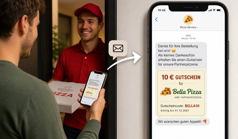 Automatisches Gutscheinsystem für Restaurants mit Gutscheinversand per SMS nach der Bestellung für mehr Kundenbindung und Folgebestellungen.